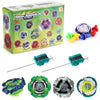 Metal Assemble Gyro spinning top battle set featuring various colored tops and launchers.