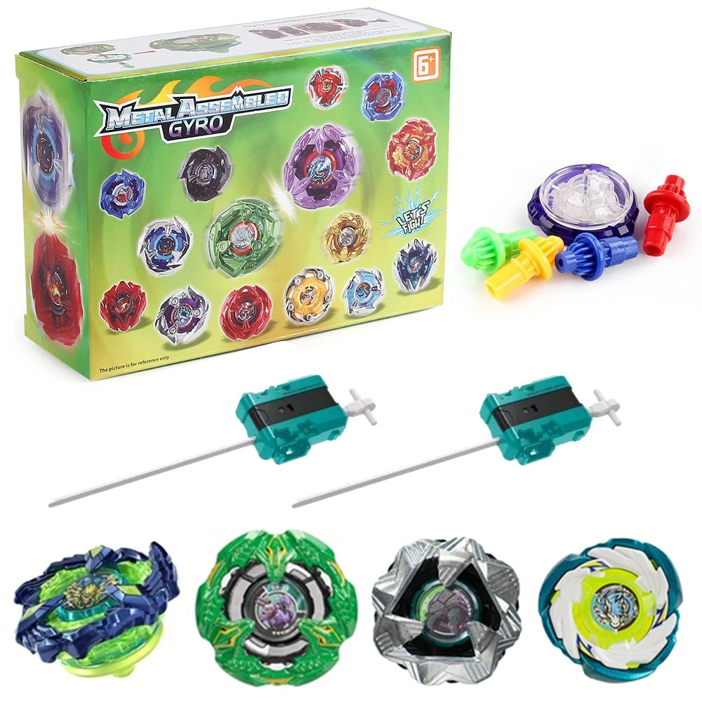 Metal Assemble Gyro spinning top battle set featuring various colored tops and launchers.