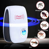 A white ultrasonic pest repellent device is shown with icons indicating it repels mosquitoes, black beetles, mice, fleas, and