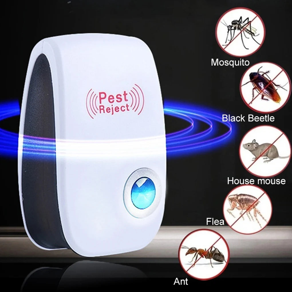 A white ultrasonic pest repellent device is shown with icons indicating it repels mosquitoes, black beetles, mice, fleas, and