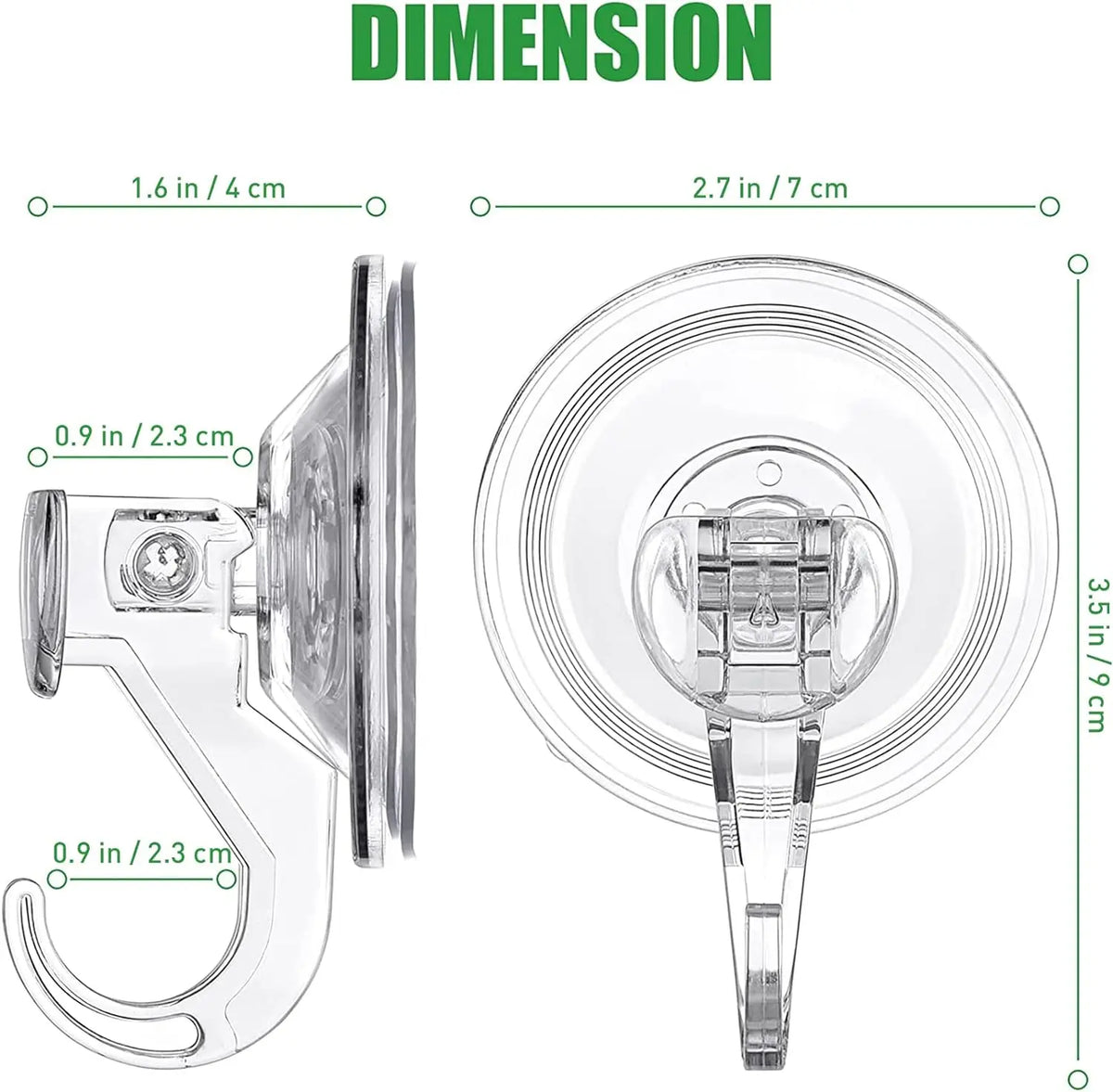 Transparent suction cup hooks showing dimensions for heavy-duty hooks.