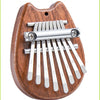 A wooden kalimba thumb piano with eight metal keys mounted on a contoured wooden body.