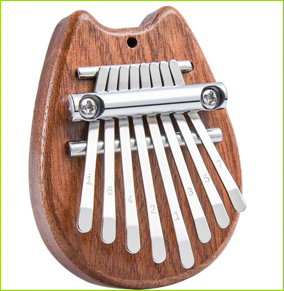 A wooden kalimba thumb piano with eight metal keys mounted on a contoured wooden body.