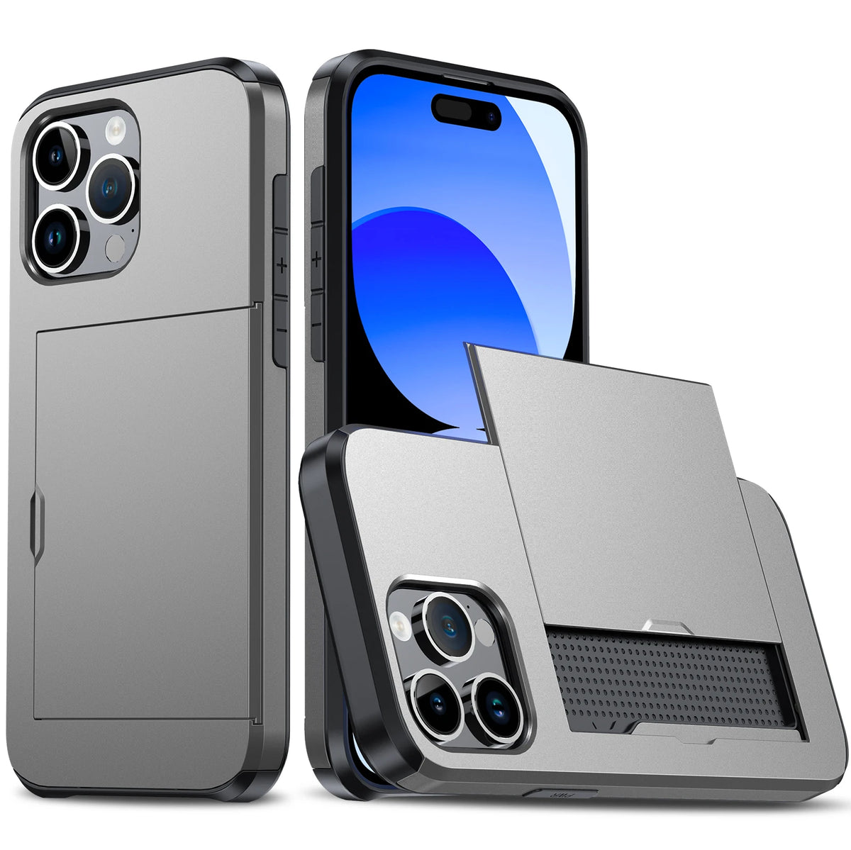 A silver slim protective phone case with a transparent back showing a blue smartphone screen and a hidden card holder.