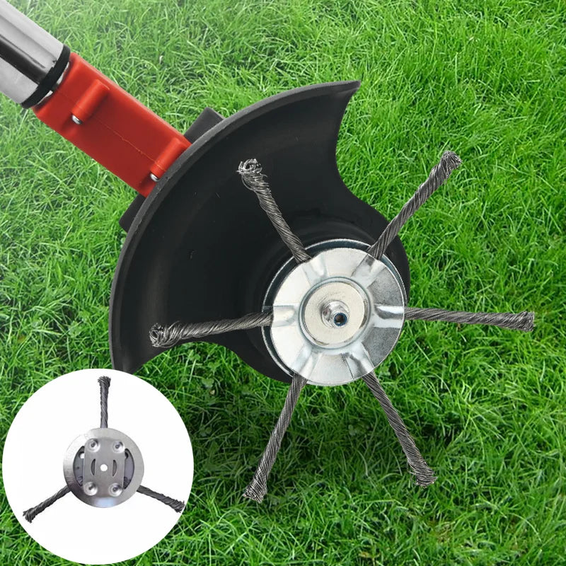 A close-up view of a black steel wire trimmer brush head with silver wires, used for weed and moss removal.