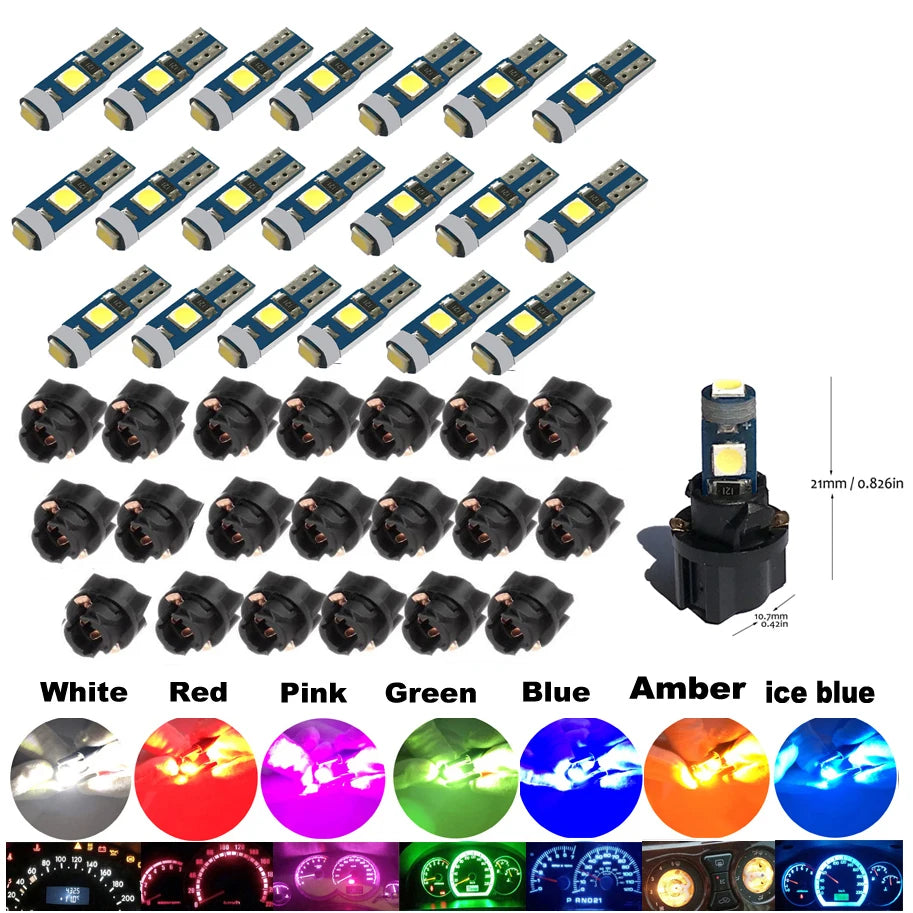 A collection of T5 LED instrument panel bulbs in various colors including white, red, pink, green, blue, and amber.