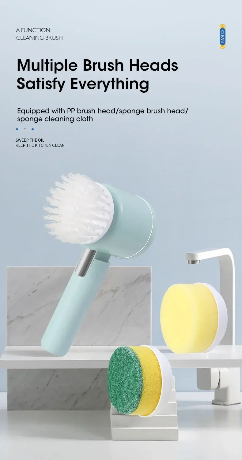 A cordless electric spin scrubber with a light blue handle and multiple interchangeable brush heads resting on a white surfac