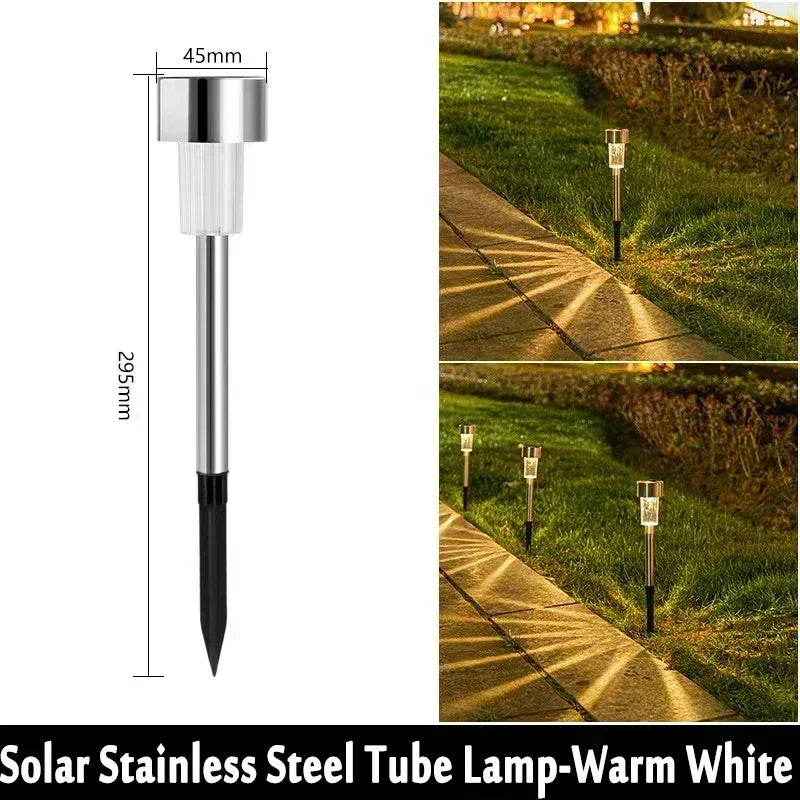 A vertical view of a solar stainless steel tube lamp used for garden path lighting.