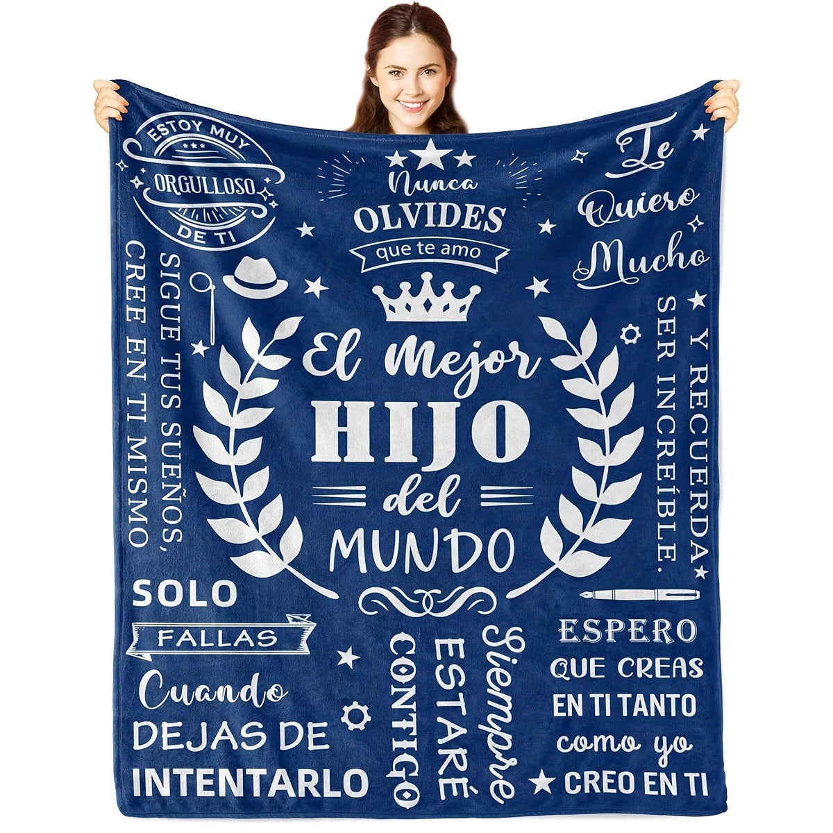 A dark blue fleece blanket featuring white text in Spanish about a son and father relationship