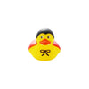 A bright yellow rubber duck bath toy with a black head and orange beak.