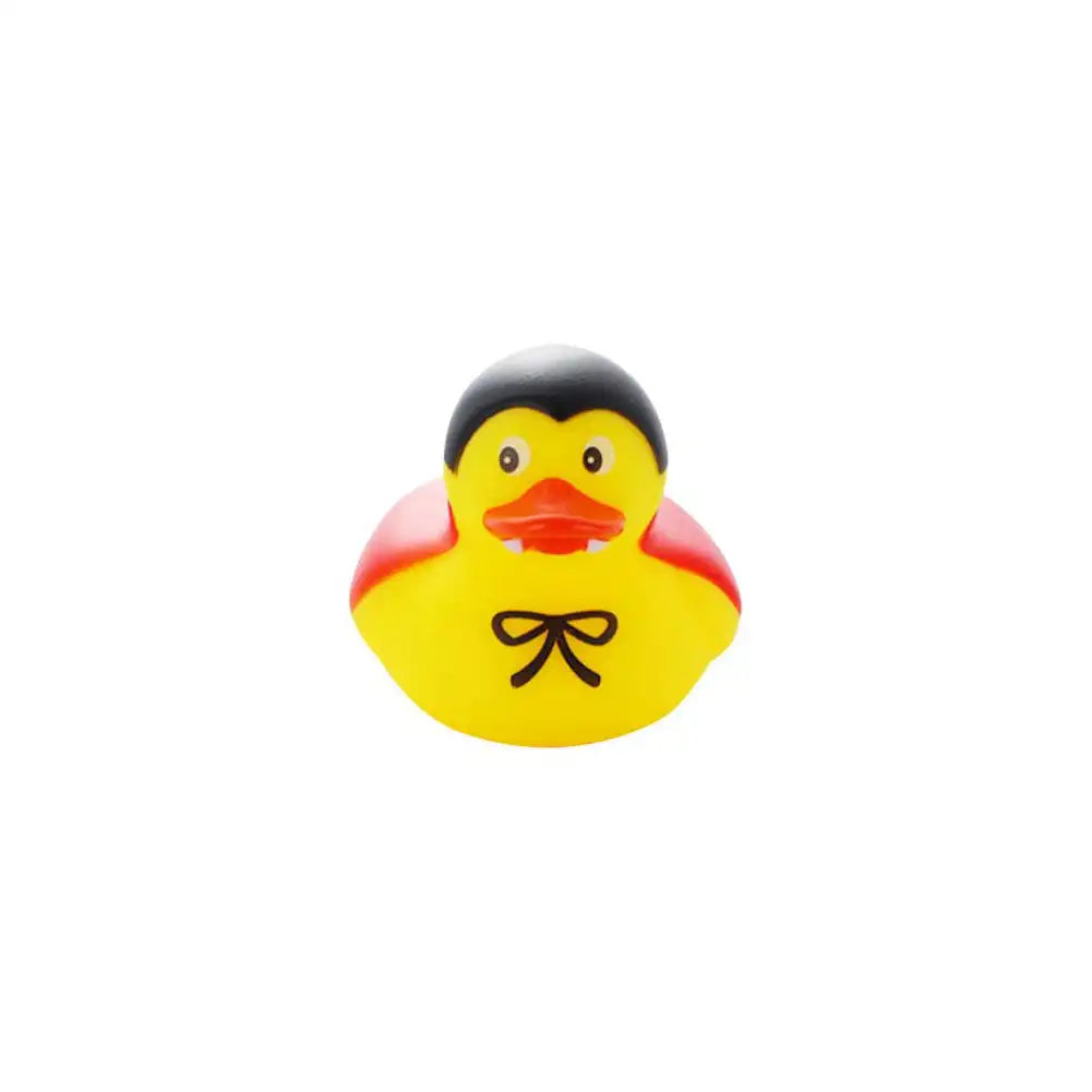 A bright yellow rubber duck bath toy with a black head and orange beak.