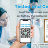 A person scans a QR code on a smartphone to view a CEC test report for a faucet mount water filter.