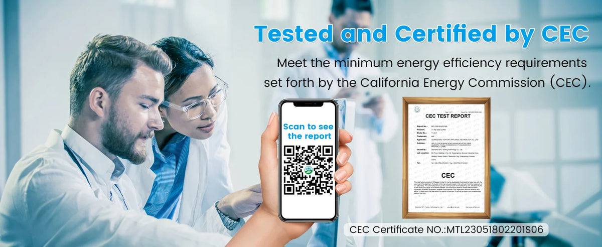 A person scans a QR code on a smartphone to view a CEC test report for a faucet mount water filter.