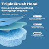Diagram showing a triple brush head structure for stain removal, featuring a cleaning fluid layer, cloth layer, and sponge la
