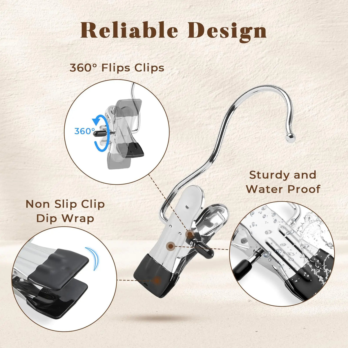 Stainless steel clothespins with hooks shown in various angles demonstrating 360 degree flips and non-slip dip wrap features