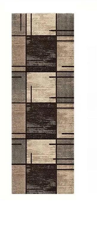 A rectangular floor mat featuring a modern checkered pattern in shades of beige, gray, and dark brown.