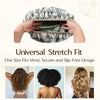 Hands hold a green satin-lined shower cap for hair protection, demonstrating its slip-free design.