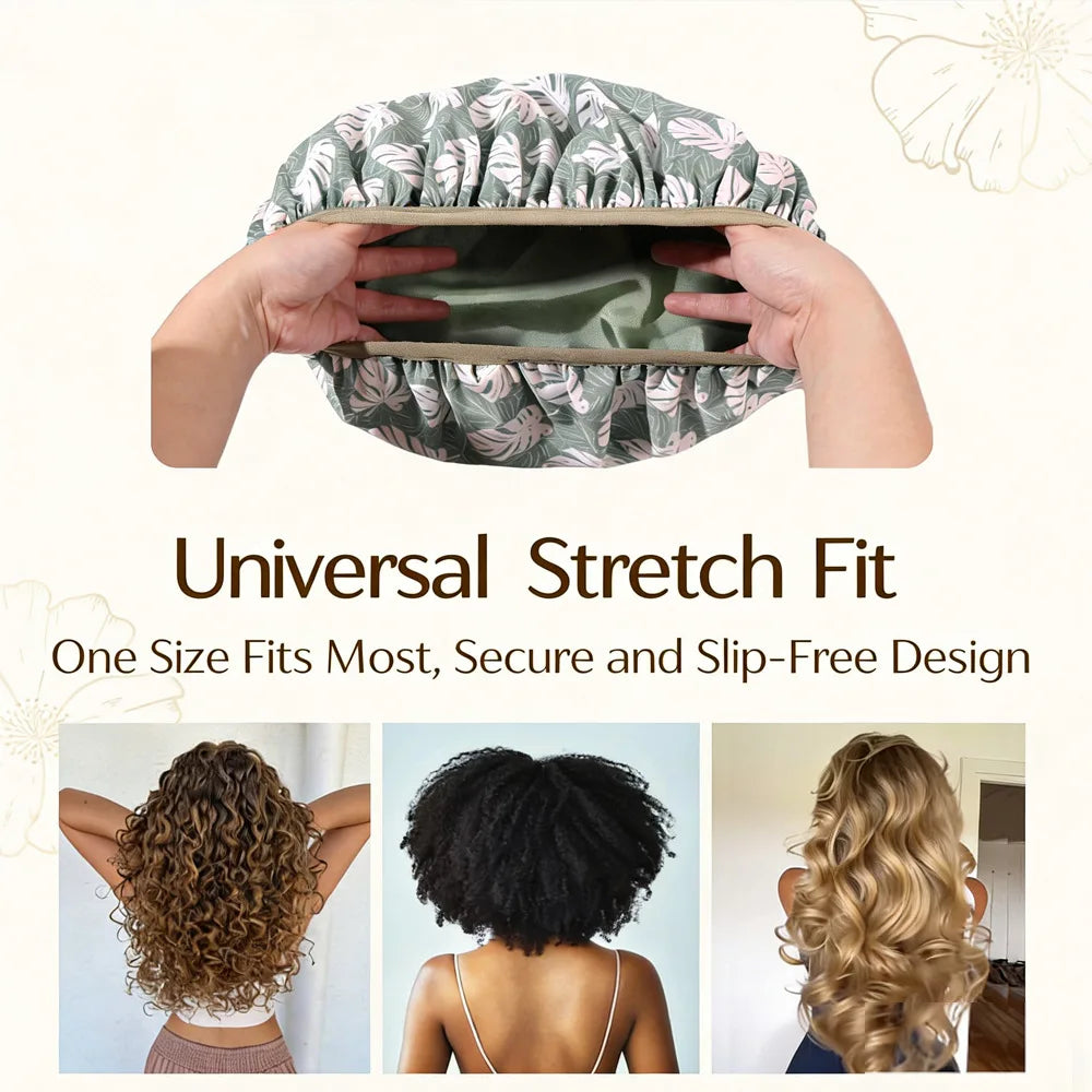 Hands hold a green satin-lined shower cap for hair protection, demonstrating its slip-free design.