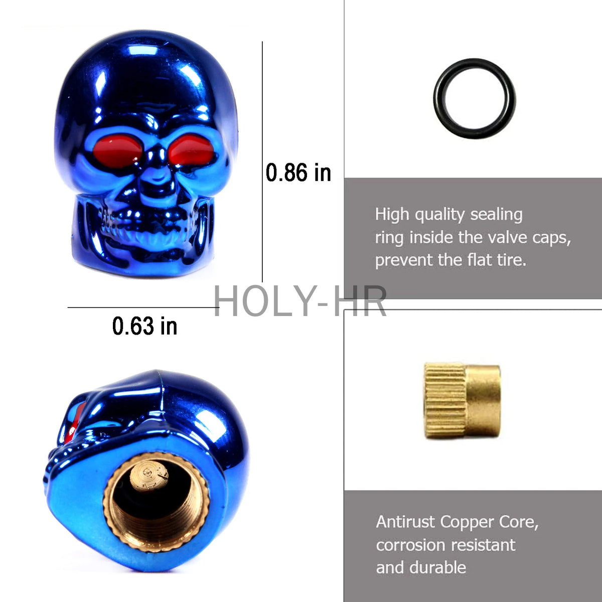 A set of four skull-design tire valve stem caps, including a black ring and a brass core.