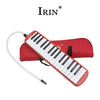 A red 32-key melodica instrument with a carrying case and mouthpiece is shown.