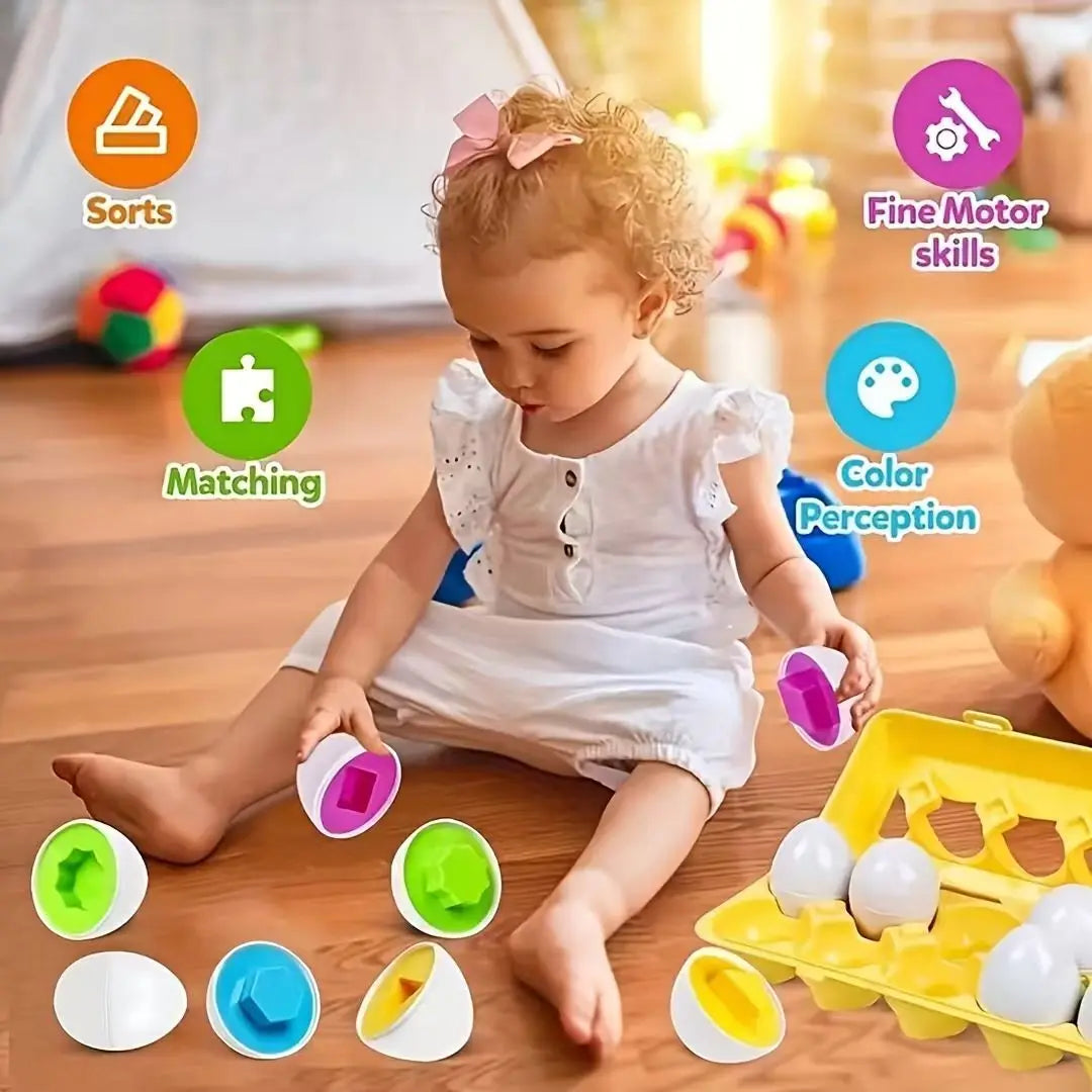 A toddler is sorting colorful Easter egg shape puzzle toys into a yellow tray.