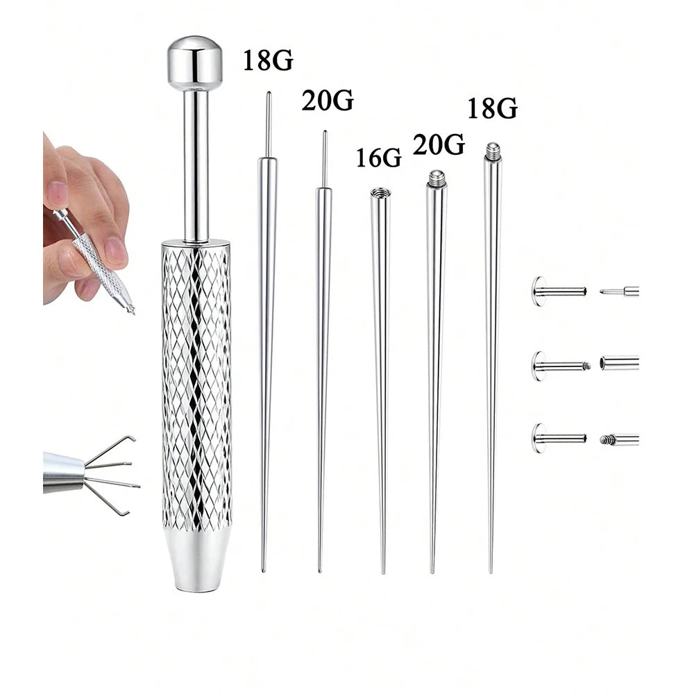 Stainless steel piercing ball grabber tool kit showing various gauge needles and a main tool.