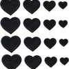 A collection of twenty-four black embroidered heart iron-on patches arranged in a grid.