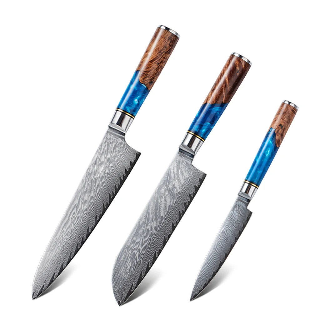 A set of three Damascus steel chef's knives with wooden handles and blue accents.