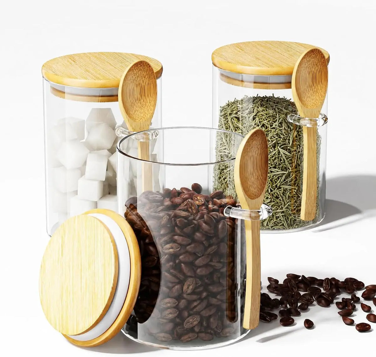 A set of airtight glass storage jars with bamboo lids and spoons, containing various dried goods like coffee beans and herbs.