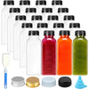 A set of ten clear plastic juice bottles with tamper-evident caps, filled with various colored juices and a collection of bot