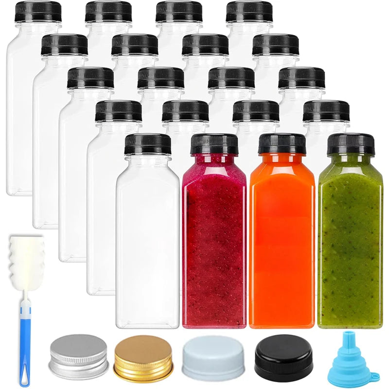 A set of ten clear plastic juice bottles with tamper-evident caps, filled with various colored juices and a collection of bot