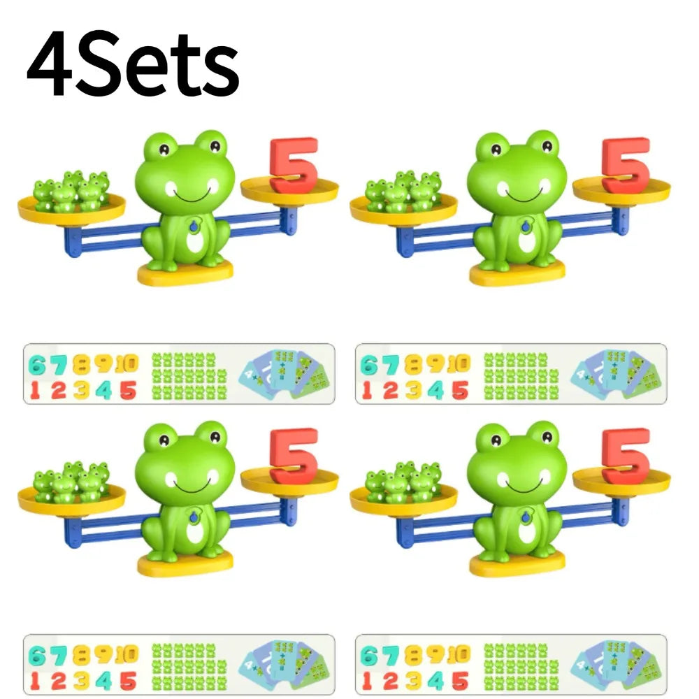 Four sets of frog balance math learning toys for kids in green and yellow.