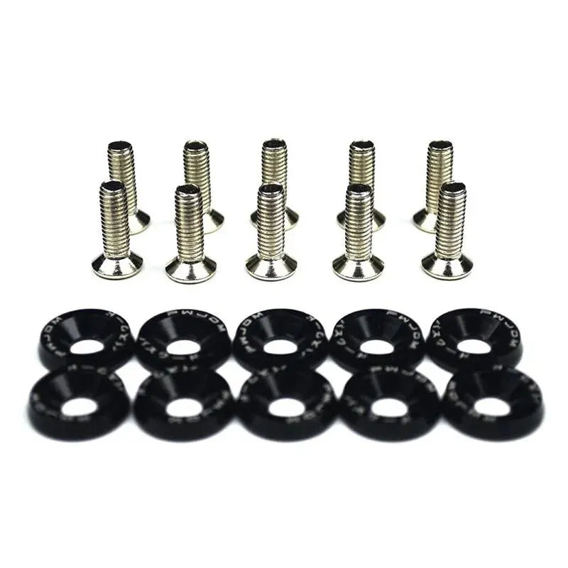 A set of ten M6 Fender washer bolts made of aluminum alloy.