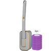 A disposable toilet cleaning brush with a long handle and a square head is shown next to six replacement heads.