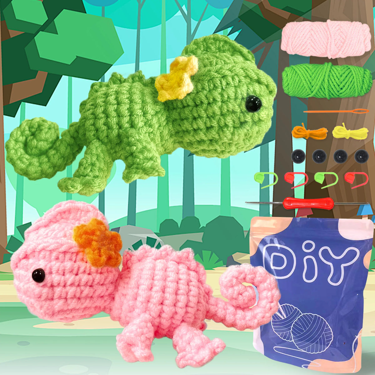A beginner crochet kit featuring a green frog amigurumi and a pink hedgehog, along with yarn and tools.