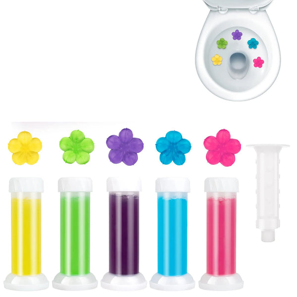 Colección de sellos de gel limpiador para inodoro con múltiples aromas en varios colores y un envase aplicador blanco.