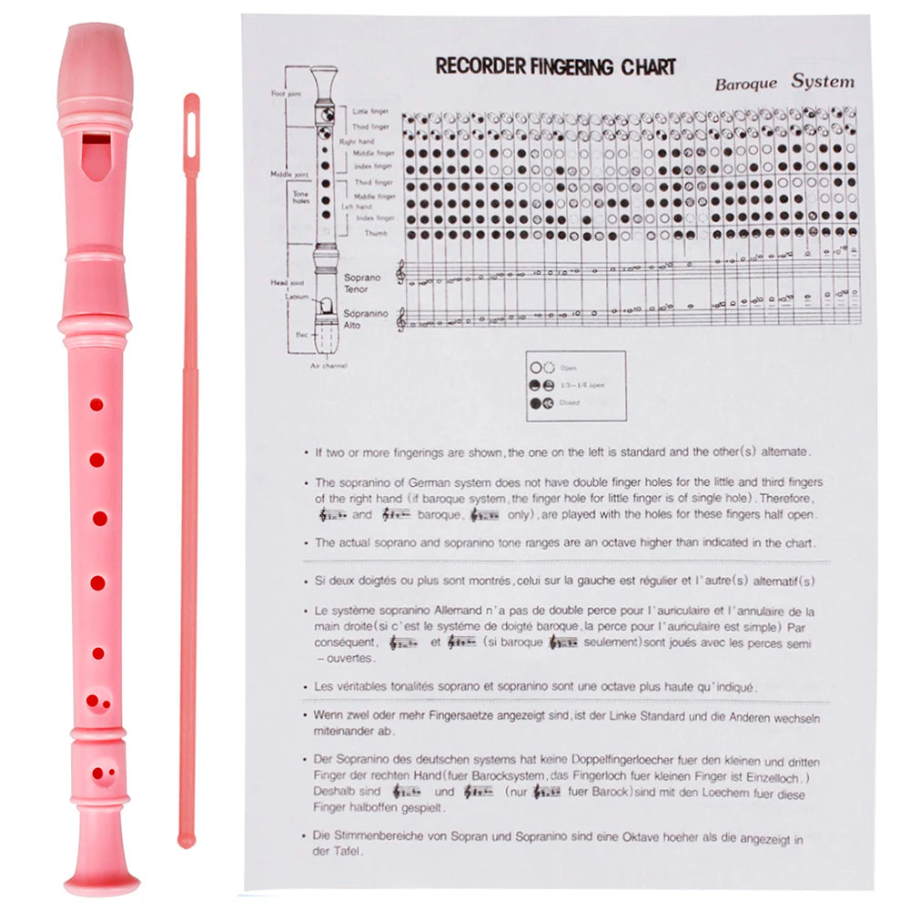 Pink 8-hole soprano recorder with a cleaning rod and fingering chart