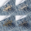 Four close-up images of gold and silver clover-shaped adjustable waist tightener buckles attached to denim fabric.