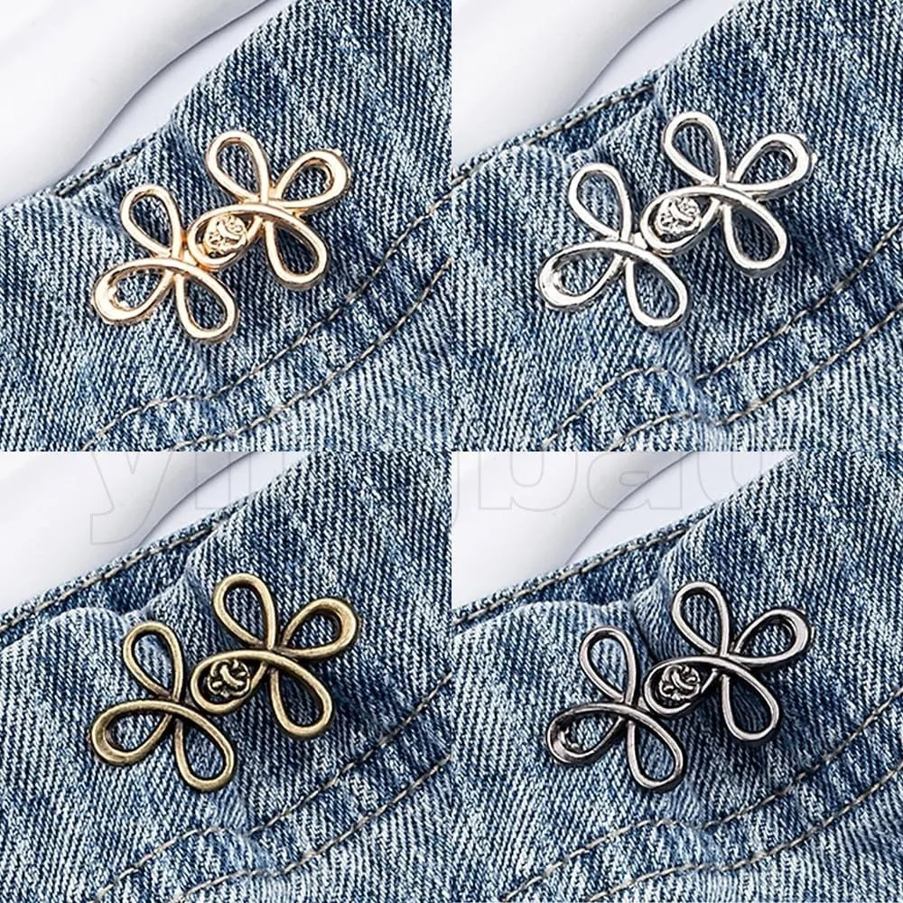 Four close-up images of gold and silver clover-shaped adjustable waist tightener buckles attached to denim fabric.