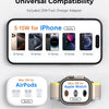 A 3-in-1 foldable magnetic wireless charging stand showing compatibility for iPhone, AirPods, and Apple Watch.