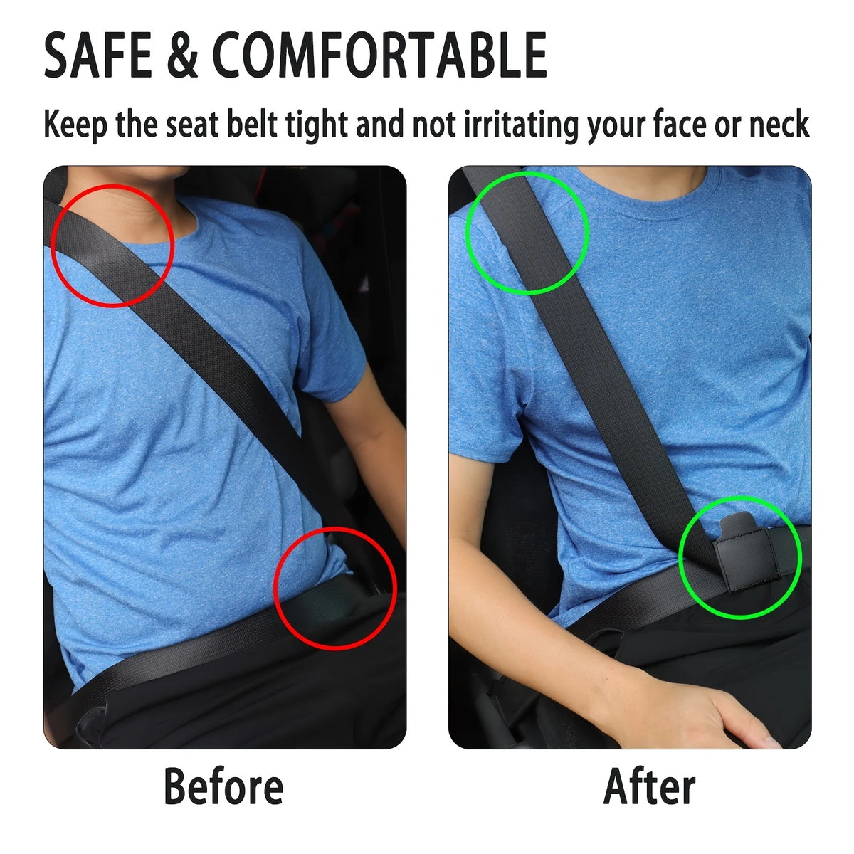 Before and after comparison showing a PU leather seat belt adjuster clip for a safe and comfortable fit