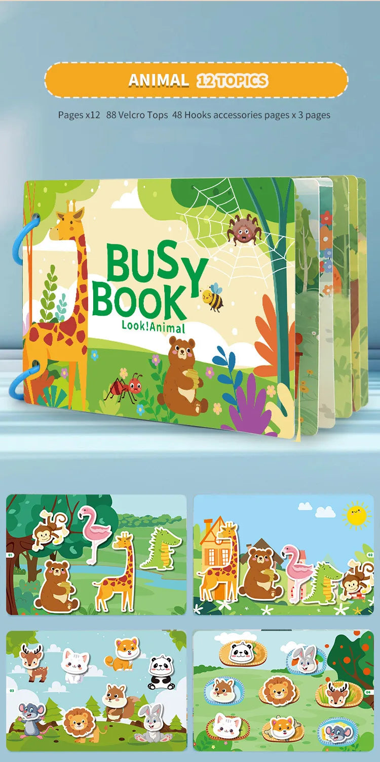 Montessori Busy Book for Toddlers – Reusable Sticker & Velcro Learning Activities