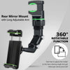 Black rear mirror mount with a long adjustable arm for a 360 degree rotatable phone holder