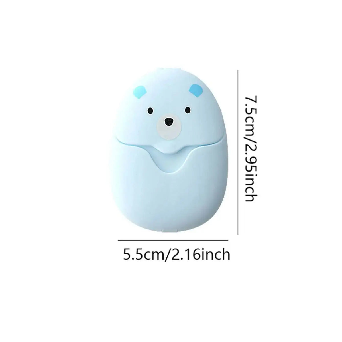 A light blue, bear-shaped dispenser for portable paper soap sheets.