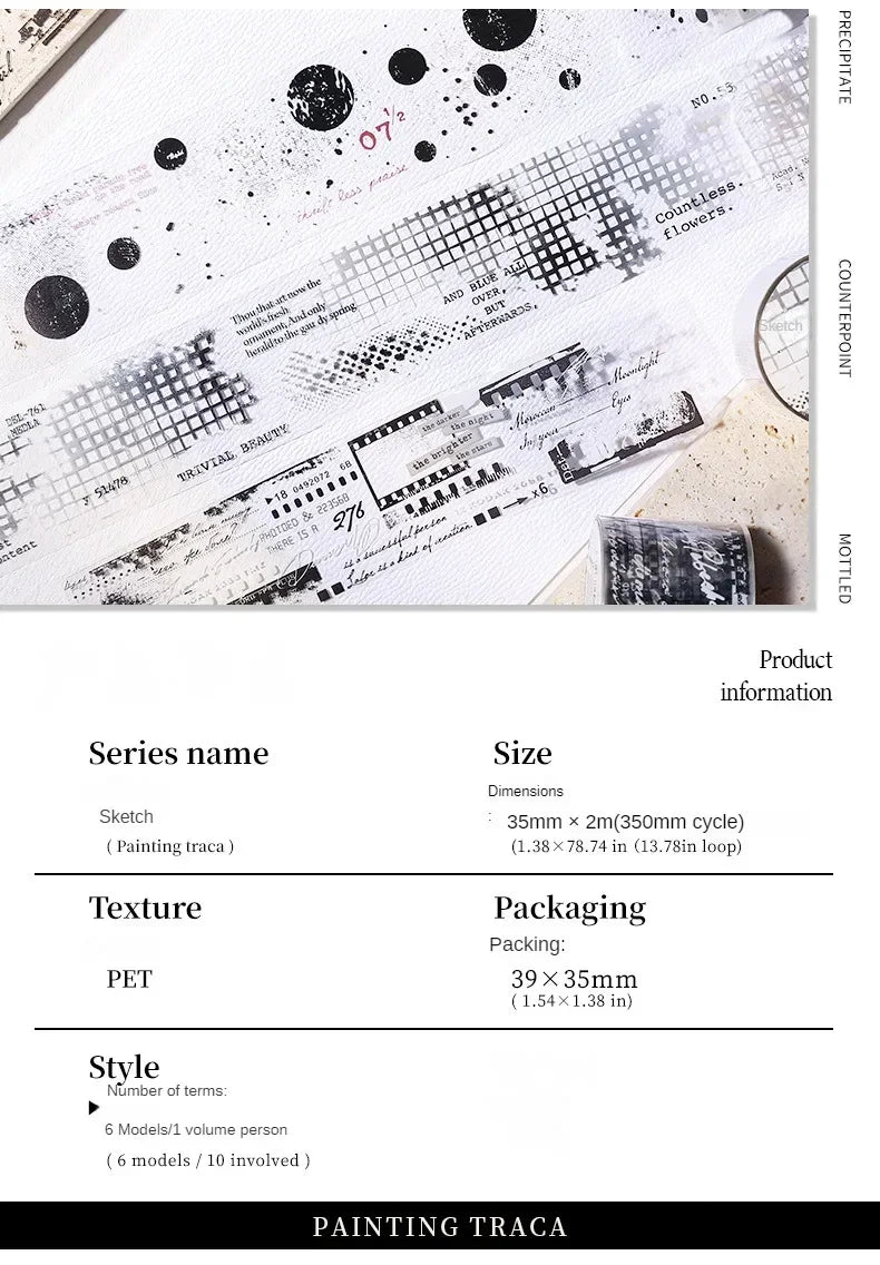 Decorative PET washi tape featuring a black and white mottled collage design on a transparent background