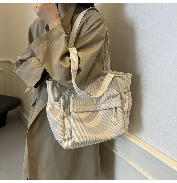 Classic Corduroy Tote Bag with Multiple Pockets