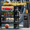 A portable wireless digital tire inflator device is shown next to various application scenarios including a car, motorcycle, 