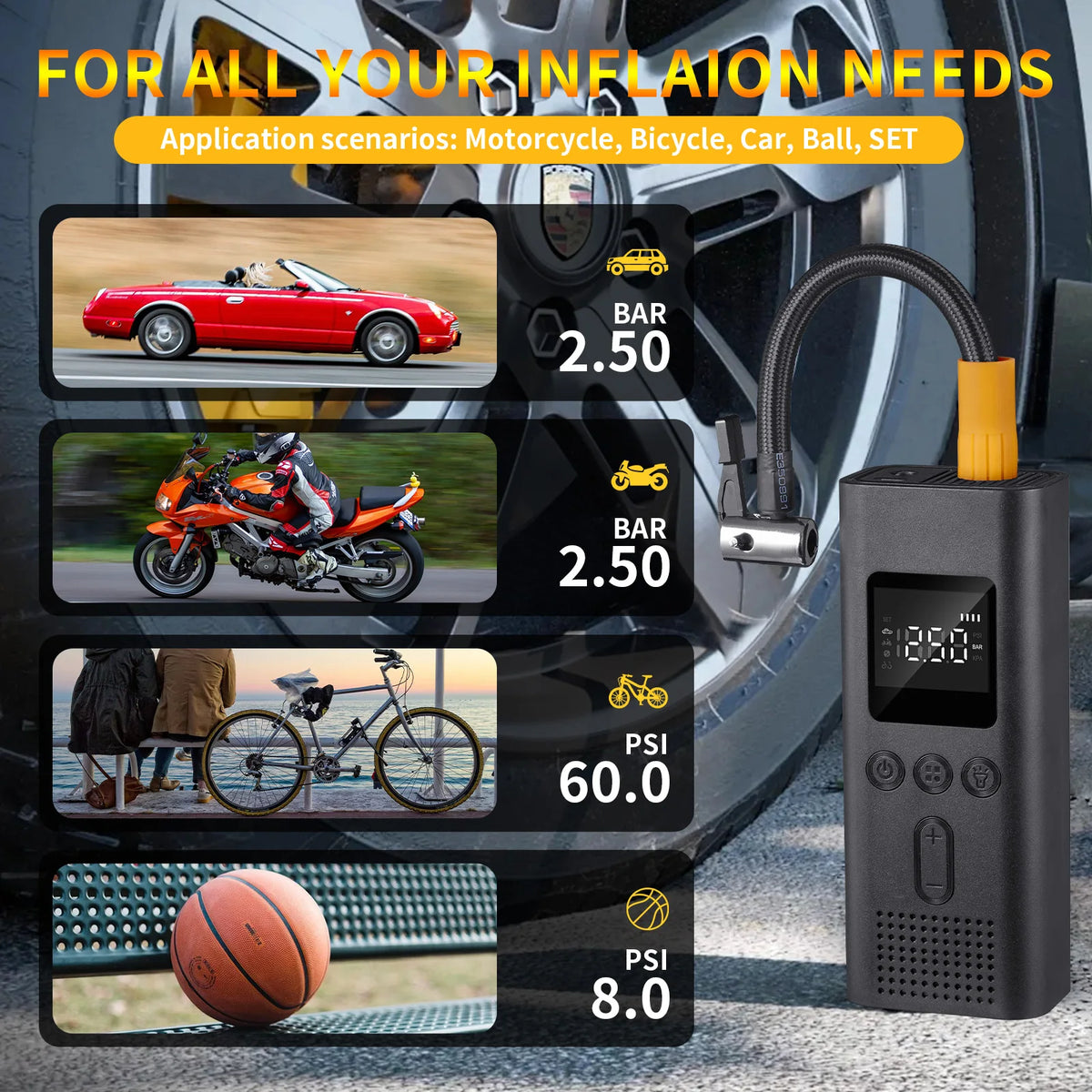 A portable wireless digital tire inflator device is shown next to various application scenarios including a car, motorcycle, 