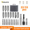 A set of 22 or 33 carbon steel screw extractors and a magnetic extension tool for removing damaged bolts and screws.