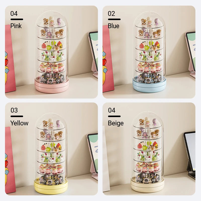 Four rotating transparent display cases for collectibles in pink, blue, yellow, and beige.